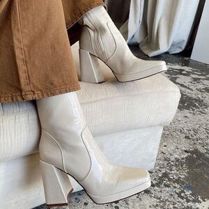 Princess Polly Cream Croc Heeled Boots